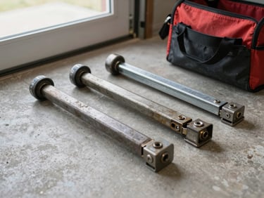 Close-up of a garage door repair in progress, worn roller and hinge hardware laid out on a concrete floor beside a tool bag, clear overhead daylight