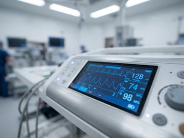 Macro shot of a high-tech medical diagnostic interface with crisp blue digital readouts, sterile clinical lighting, shallow depth of field.