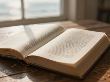 A close-up of an open classical philosophy text on a weathered wooden table, illuminated by warm morning light from a nearby window, soft focus on the pages.