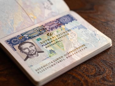 Close-up of a passport page with elegant gold-stamped entry visas, soft natural light on a dark wooden desk.