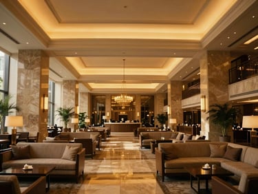 A luxurious hotel lobby with high ceilings, warm golden lighting, and elegant modern seating areas.