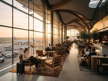 Wide-angle editorial shot of a modern airport terminal lounge, golden hour sunlight streaming through floor-to-ceiling glass windows, minimalist architecture.