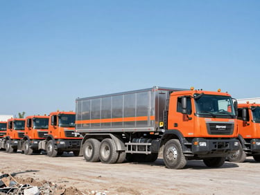Wide environmental shot of an active job site with multiple Baroni Enterprises trucks and heavy equipment, bright clear daylight, low horizon, high-contrast steel and safety-orange tones, sharp focus, 35mm