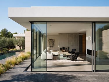 Architectural photograph of a minimalist modern villa facade, large high-precision aluminum sliding glass doors, bright natural daylight, crisp shadows, 35mm lens