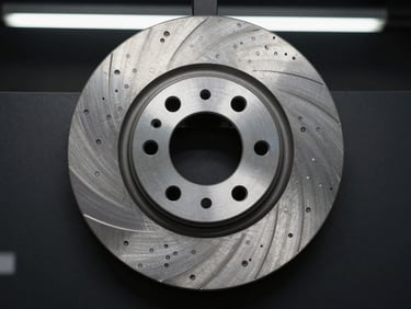Top-down technical layout of a pristine machined steel brake rotor on a dark matte background, high-contrast workshop fluorescent light highlighting the metallic serial numbers.