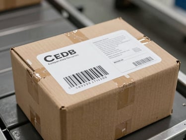 Close-up of a shipping package with a clean white European destination label, bold black tracking barcode, sitting on a metal conveyor belt.