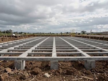 Straight-on elevation of a residential foundation grid, raw earth and precise concrete footings under overcast sky.