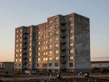 Wide environmental shot of a brutalist residential exterior sitting in a rugged landscape, warm light spilling from the windows at dusk.