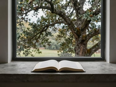 Interior shot of a minimalist living space, a single open book on a concrete ledge, large window framing an oak tree.
