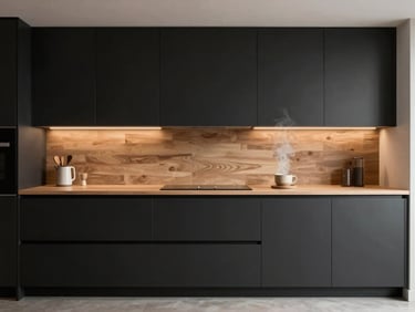 Interior straight-on elevation of a minimalist kitchen, matte black cabinetry against warm timber joins, soft steam rising from a ceramic cup on the counter.