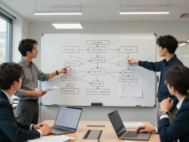 Wide shot of a small working group around a whiteboard covered in flowcharts and process maps, participants pointing at the board, institutional conference room with fluorescent and daylight mix, documents and laptops on the table