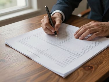 Close-up overhead view of hands writing on a large printed planning document spread across a wooden meeting table, pen mid-stroke, natural window light from the left, institutional setting