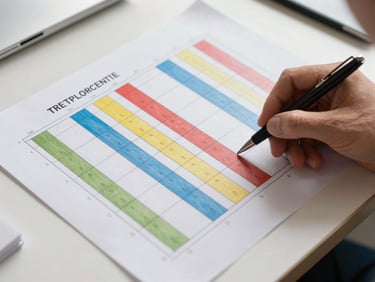 Overhead view of a project monitoring sheet with color-coded progress columns on a table, a hand holding a pen over the sheet, natural daylight, simple institutional desk environment visible at the edges