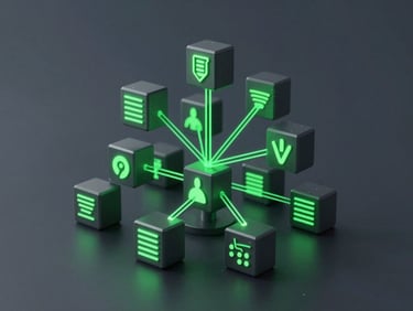 Sleek technical 3D render of a digital ledger or database tree, crisp neon green lines connecting verified data blocks, deep shadows