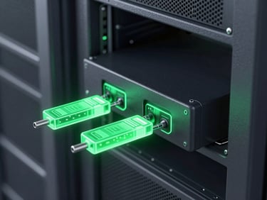 Sleek technical 3D render of a digital ingestion node, glowing neon green data packets entering a dark slate server rack, macro depth of field