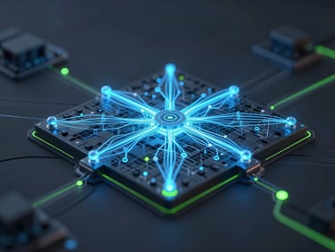 Sleek technical 3D render of a neural network audit, glowing cool blue data streams crossing a central verification matrix, dark slate background