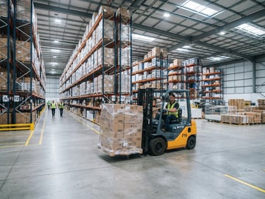 A wide-angle clean commercial photograph of a bright neutral warehouse interior, organized logistics in motion with a forklift moving a wrapped pallet, cool industrial tones, 35mm lens.