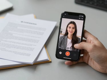 A professional workspace with a smartphone displaying a secure video call interface, next to a neat folder of papers, neutral lighting, transparent atmosphere.