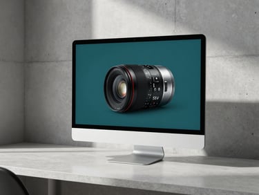 A high-end digital interface displayed on a sleek physical monitor inside a minimalist concrete and glass creative studio, crisp natural side-lighting, deep teal shadows, premium editorial photography, 35mm lens