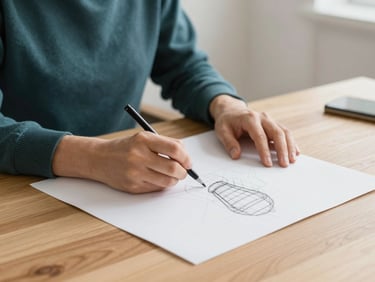 Tight intentional crop on hands sketching a wireframe on a clean oak desk, warm natural side-lighting, minimalist studio, premium editorial photography