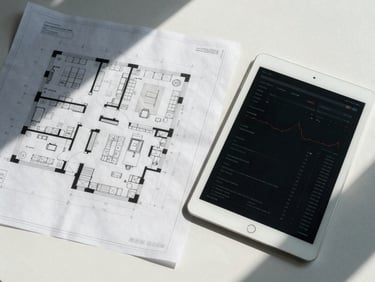 Top-down clean desk layout with architectural blueprints of a clinic layout, a modern silver tablet displaying financial charts, cool daylight, high-contrast shadows.