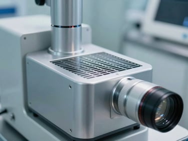 Close-up of high-end medical technology device in a pristine cleanroom, silver-metallic surface reflecting cool bright daylight, sharp focus on structural grid design.