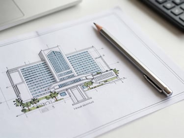 Top-down view of a designer's desk with architectural blueprints of a hospital layout, silver-metallic mechanical pencil, clean white space, cool bright daylight.