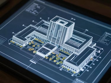 Architectural blueprint of a multi-specialty hospital layout on a digital screen, cool lighting, high contrast