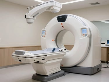 Modern premium clinic interior, state-of-the-art MRI equipment in pristine environment, silver-metallic reflections