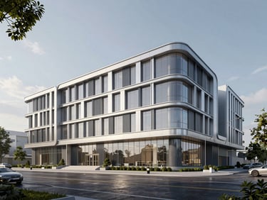 Wide architectural render of a modern diagnostic center facade in Baku, cool daylight, sharp lines, silver accents