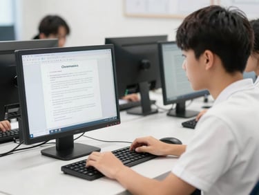 Bright editorial photography of a high school student sitting at a computer terminal, focused on a mock exam screen, clean classroom setting.