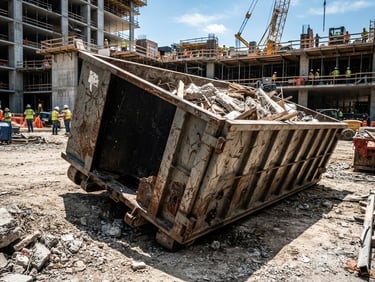 Low-angle heroic shot of a massive 40-yard steel roll-off dumpster resting on an active commercial construction site, harsh daylight, sharp shadows, high contrast