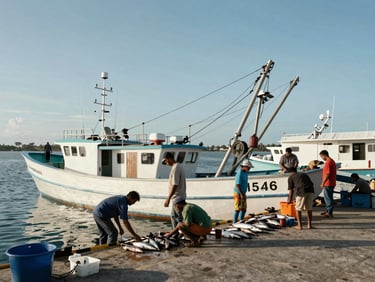 Landscape orientation, bright daylight, modern fishing vessel docked at Port of Amamapare, workers unloading fresh catch, environmental scale.