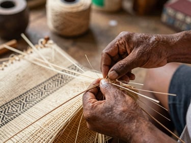 Close up of local Papuan artisan weaving a traditional noken bag inside a brightly lit workshop, focusing on hands and natural fibers.