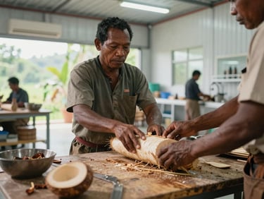 Landscape orientation, natural daylight, local Papuan artisan processing sagu in a clean modern facility, focus on hands and product.