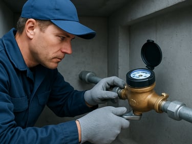 A municipal technician installing a brass water meter in a clean concrete utility chamber, daylight.