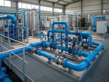 Crisp industrial photography of a modern water treatment facility with blue pipes under clean daylight, sharp focus.