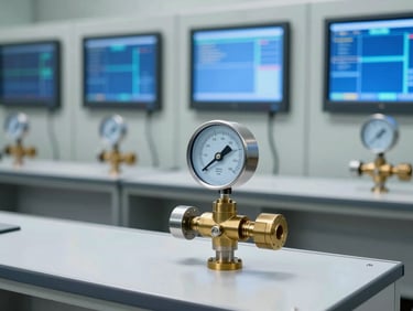 Crisp industrial photography of a modern water utility monitoring room, clean daylight, cool blue screens showing data flows, sharp focus on a physical brass meter on a test bench.