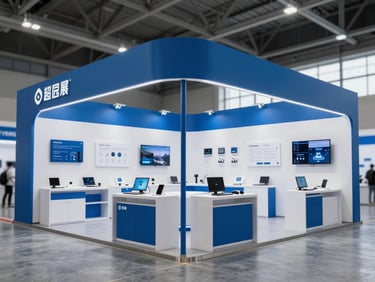 A modern exhibition booth with clean blue branding and technical product displays under bright hall lighting.