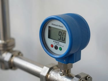 Close-up of a blue ultrasonic water meter with digital display on a stainless steel pipe, neutral daylight.