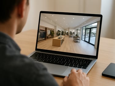 Over-the-shoulder framing of a person at a desk viewing a 360 commercial storefront tour on a laptop screen, neutral office daylight, the screen showing a fully navigable interior view, focus on the screen content