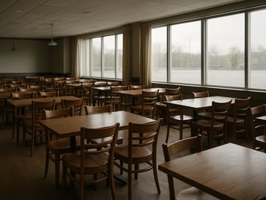 Wide environmental shot of an empty restaurant dining room, neutral daylight through large windows, wooden tables and chairs arranged in rows, full room depth visible, no people
