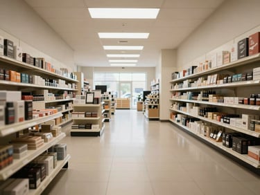Wide environmental shot of an empty retail showroom, product displays along walls, clean polished floor, neutral daylight from skylights, full depth from front to back, no people