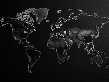 Abstract minimalist world map texture, high-contrast black and white, graphic vector style, deep black background with stark white outlines, architectural layout