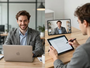 A split screen of a professional video call. On one side, a friendly consultant in a modern office; on the other, a client reviewing a digital document on a tablet.