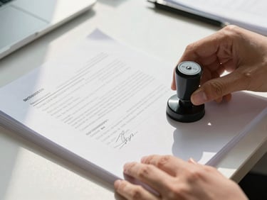 A close-up of hands organizing official documents with clear ink stamps and signatures, high-quality thick paper, clean office setting with natural sunlight.