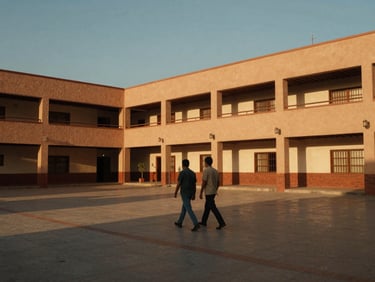 Wide shot of seminary exterior courtyard in Tijuana at golden hour, two seminarians in casual clothing walking side by side on a tiled path, long shadows, warm ochre light on the building facade, documentary and unposed, generous sky above
