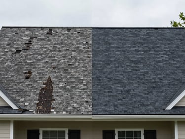 Side-by-side split of the same Alabama suburban home exterior — left half shows weathered, missing-shingle roof with dark water stains; right half shows the completed replacement with clean charcoal architectural shingles, overcast daylight, sharp ridge line