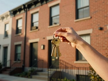 A woman proudly holding a set of brass keys in front of a modern brick townhouse, warm golden hour light, authentic film look