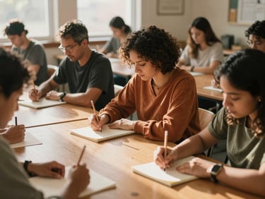 A warm, sunlit classroom in Georgia where a diverse group of adults are engaged in a workshop, taking notes with wooden pencils on craft paper, feeling empowered and focused.
